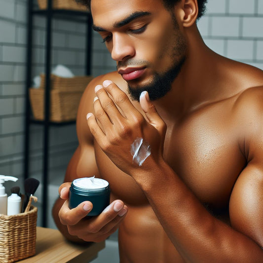 Ann African American male applying body butter to his skin, while in the bathroom.