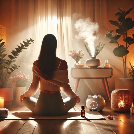 A woman practicing relaxation techniques to manage premenstrual anxiety in a cozy room, featuring a calming aromatherapy diffuser emitting soft mist, yoga mat, and essential oils for a serene and peaceful atmosphere.