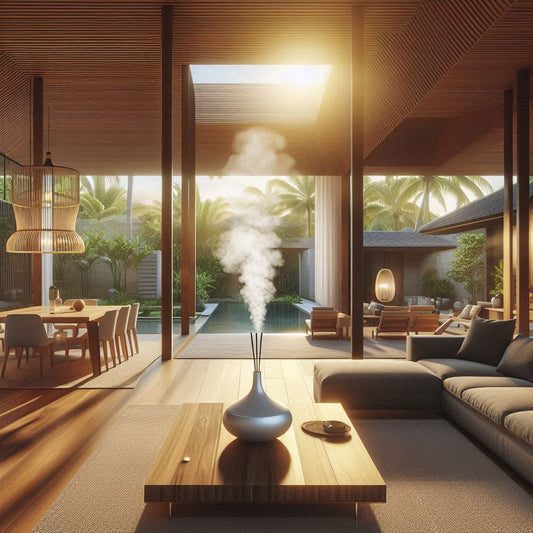 Aromatherapy oils diffuser releasing calming mist in a modern home