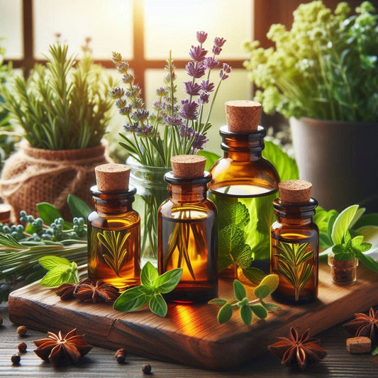Bottles of essential oils with fresh herbs and flowers, representing natural skincare ingredients.