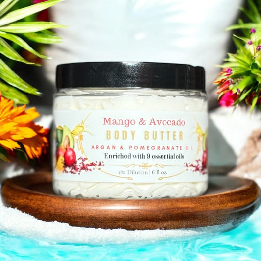 Close-up of a jar of Mango and Avocado Body Butter with Pomegranate Oil on a wooden surface, emphasizing its creamy texture and rich natural ingredients perfect for combating dry skin