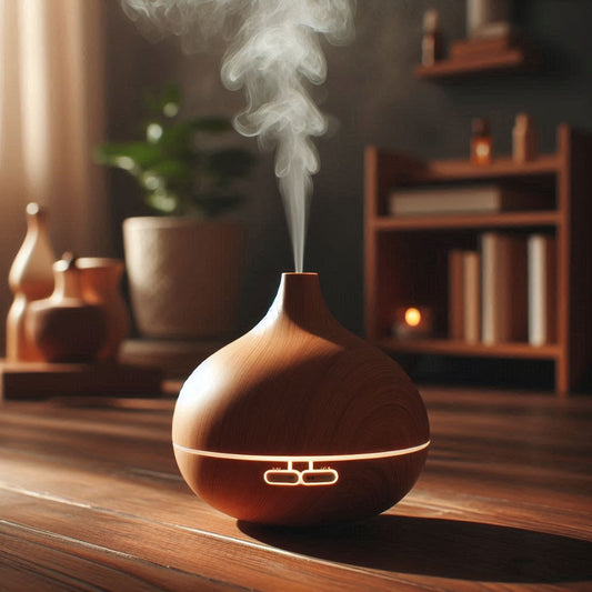 Essential oil bottles with a diffuser emitting vapor