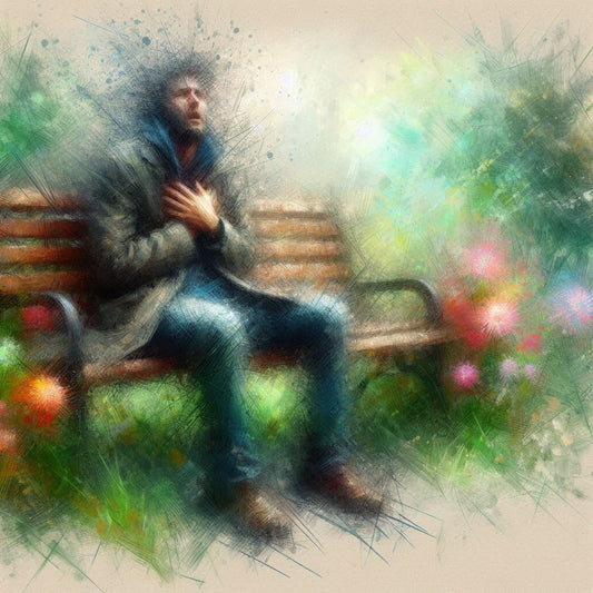 A man sitting on a bench, in search for cleaner air. Essential oils for breathing Eucalyptus, Clove Bud, and Wintergreen