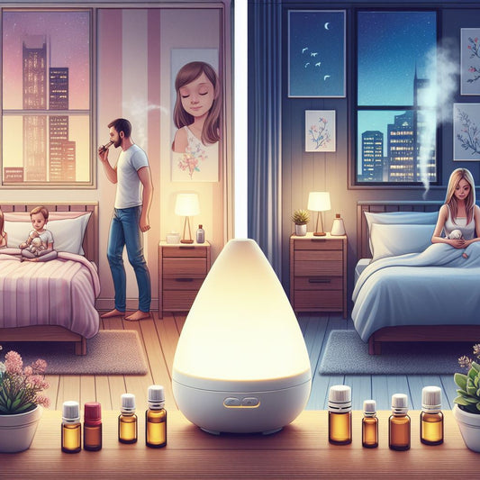A two sided image with one half featuring a woman laying in bed diffusing essential oils for sleep. On the other side is a picture of a man putting his children to bed, while diffusing essential oils.