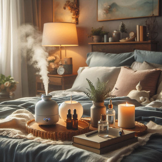 A relaxing bedroom scene with essential oils and a diffuser, creating a serene atmosphere for better sleep.