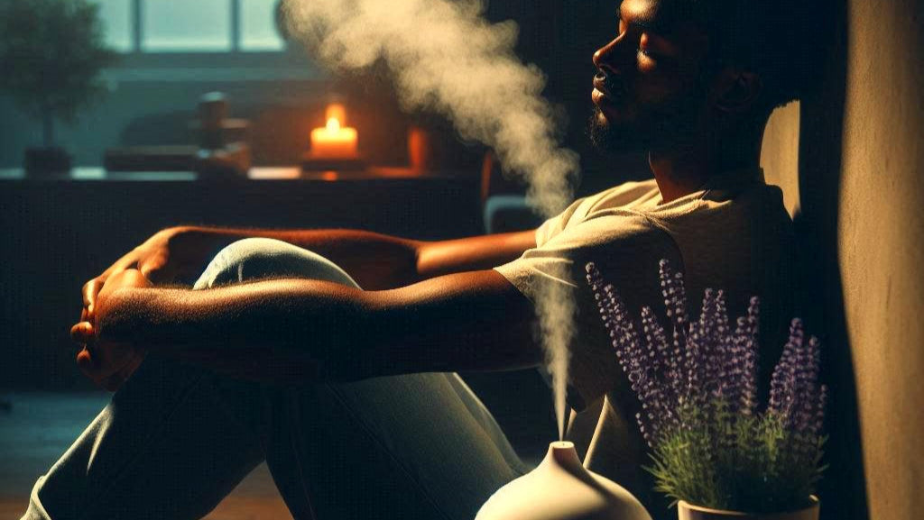 A man sitting down by a diffuser, looking for natural remedies for relaxation & anxiety