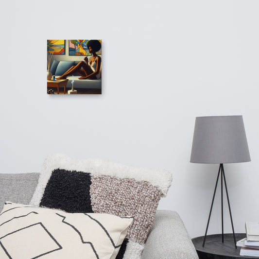 Picture of a woman relaxing on her couch canvas painting