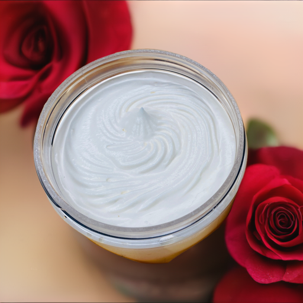 whipped body butter naturally made with mango and avocado butter with two roses on either side of the 6 ounce jar