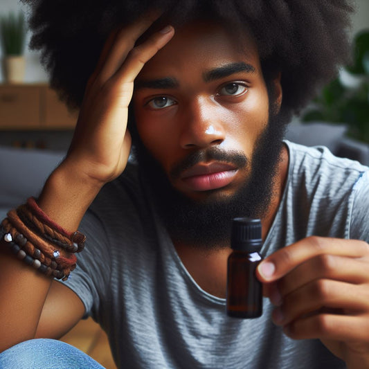 African American male holding a bottle with an essential oil in it. He looks to be stressed.