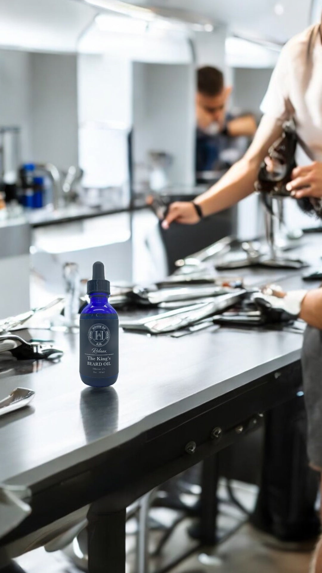 Bottle of House of Aja King’s Beard Oil on grooming table.