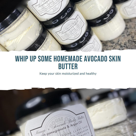 featured are a couple jars of mango and avocado whipped body butter. The jars are sitting on top of a granite countertop in the kitchen.