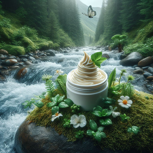 whipped body butter moisturizer coasting down like a river surrounded by nature growing plentifully