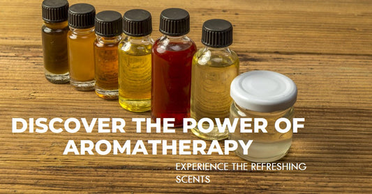 Discover the poser of aromatherapy. Experience the refreshing scents. A banner post featuring small jars of essential oils.