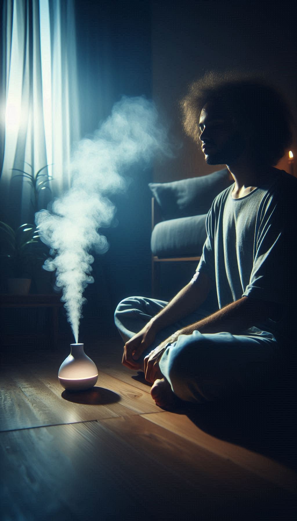 Essential oils diffusing in a calm living room space, promoting emotional healing and balance