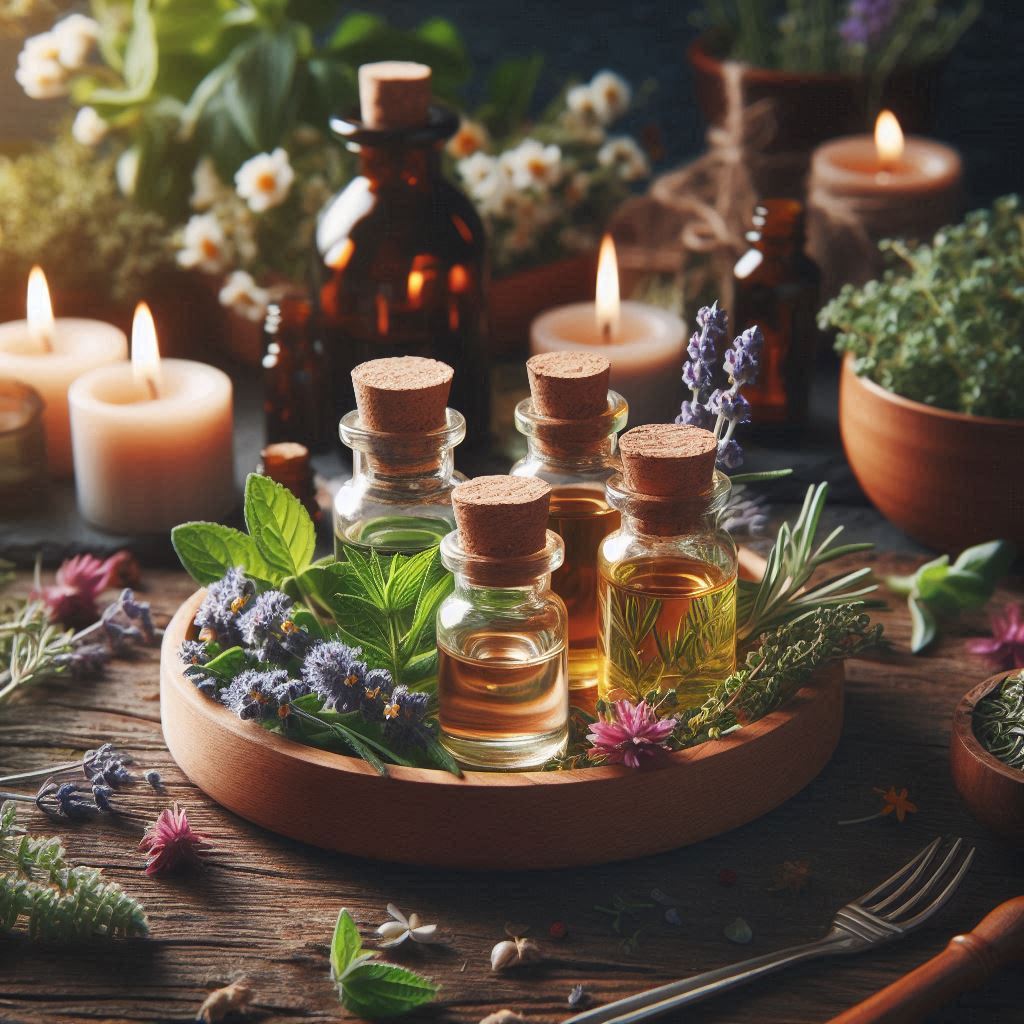Essential oils in small glass bottles placed on a wooden tray, surrounded by fresh herbs and flowers.
