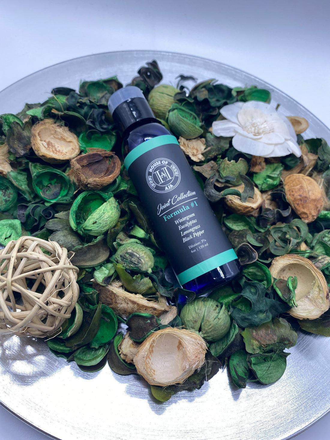 Wintergreen Essential Oil bottle and fresh wintergreen leaves