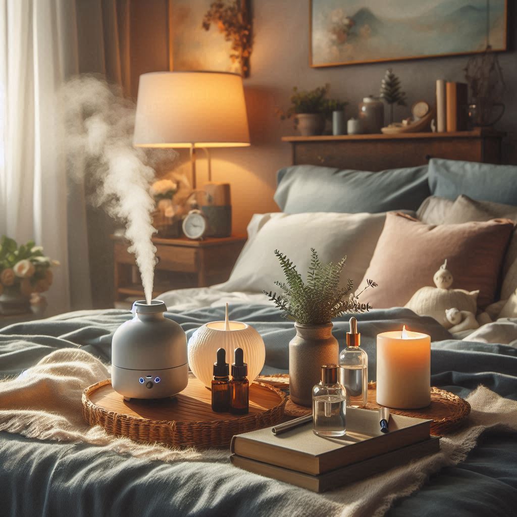 A relaxing bedroom scene with essential oils and a diffuser, creating a serene atmosphere for better sleep.