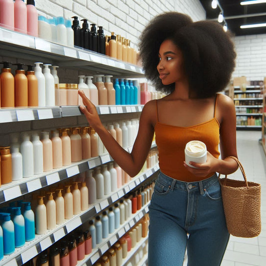Mango Avocado Body Butter in a glass jar with woman comparing to shelf bough products.