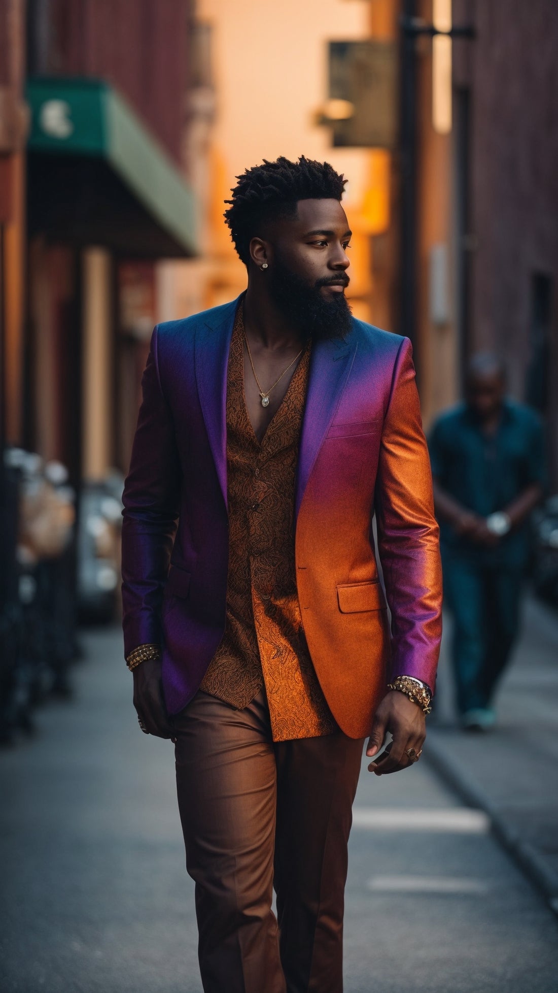 Confident African American male with stylish locs, wearing a sleek suit. His beard, aglow and well-groomed, highlights the transformative power of beard oil with jojoba for a radiant and distinguished look.