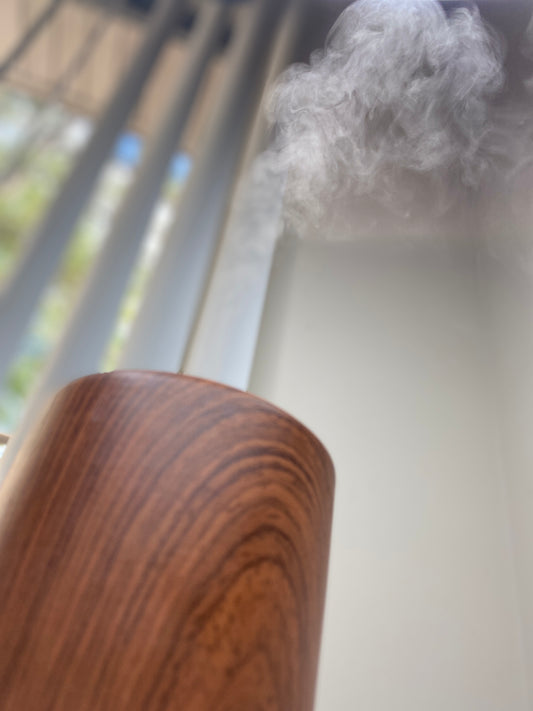 Essential oil diffuser spreading aromatic mist for a soothing ambiance.