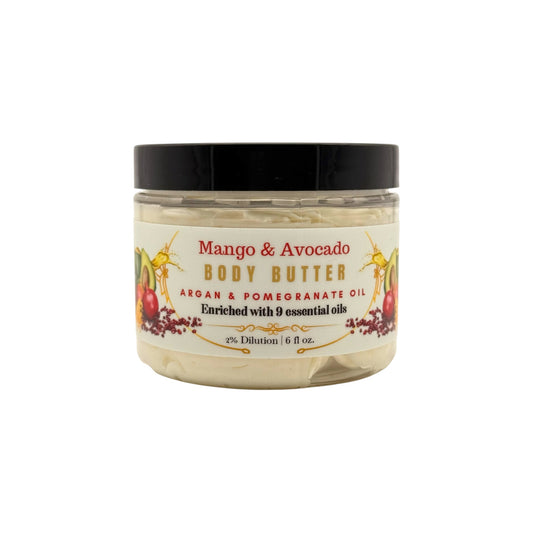 Experience the ultimate in skin hydration with our luxurious Mango & Avocado Body Butter. Infused with nourishing Pomegranate Oil, this rich blend will leave your skin feeling soft, smooth, and revitalized. Ready for your daily glow?